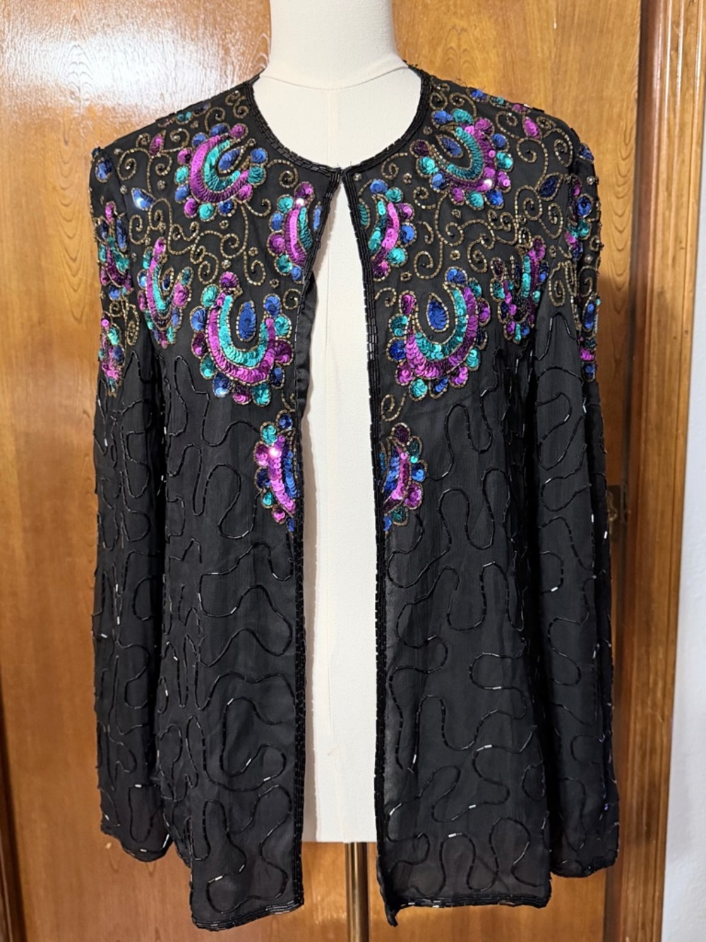 Vintage JMD 100% Silk Sparkly Black Beaded Sequin Jacket Blazer M